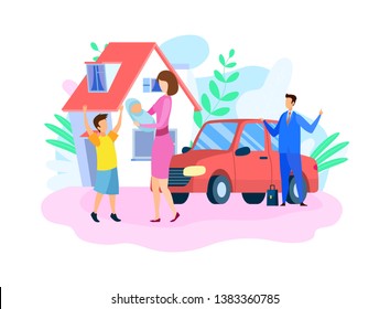 Traditional Happy Family Flat Vector Illustration. Husband, Wife and Children Cartoon Characters. Young Mother Arrived Home from Maternity Clinic, Little Son Welcomes Mom. Father Standing by Car
