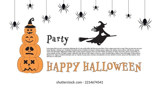 Traditional happy halloween poster. Pumpkins with smiling, scared, worried expressions on their faces. The witch  is flying with her broomstick. Spiders droop, scary but cute. Vector concept icon set
