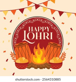 Traditional Happy Lohri post design for social media featuring drums, bonfire, sweets, and festive banners on a red background. Perfect for Lohri typography posts and Punjabi cultural event promotions