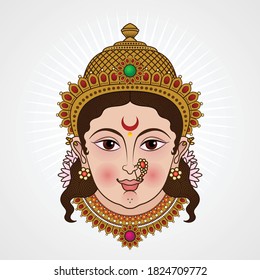 Traditional Happy Smiling Face of Devi Durga decorated with Indian temple jewelry of gold silver pearl for Navratri Diwali Festival. Drawing Graphic Illustration vector Artwork of mother Goddess
