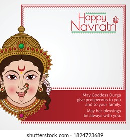 Traditional Happy Smiling Face of Devi Durga decorated with Indian temple jewelry of gold silver pearl for Navratri Diwali Festival. Social Media Post Ad, Drawing Graphic Illustration vector Artwork