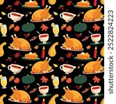 Traditional Happy Thanksgiving festive dishes vector seamless pattern. Roast turkey, cranberry sauce, pumpkin pie cartoon design decorative element. Harvest Feast celebration background illustration