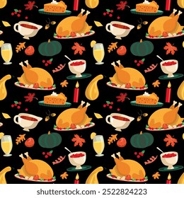 Traditional Happy Thanksgiving festive dishes vector seamless pattern. Roast turkey, cranberry sauce, pumpkin pie cartoon design decorative element. Harvest Feast celebration background illustration