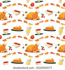 Traditional Happy Thanksgiving festive dishes vector seamless pattern. Roast turkey, cranberry sauce, pumpkin pie cartoon design decorative element. Harvest Feast celebration background illustration