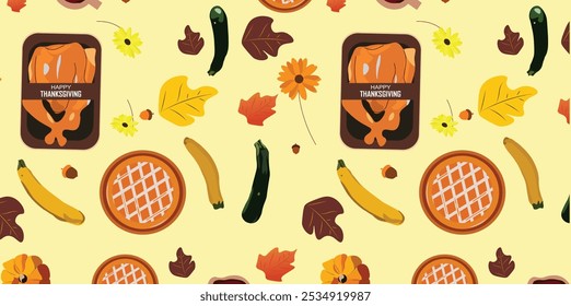 Traditional Happy Thanksgiving festive dishes vector seamless pattern. Roast turkey, cranberry sauce, pumpkin pie cartoon design decorative element. Harvest Feast celebration background illustration