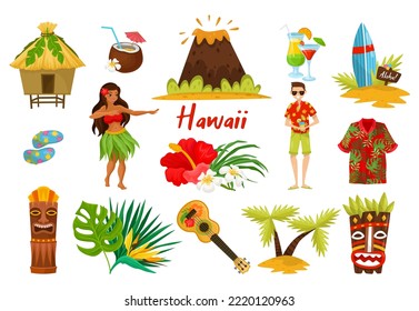 Traditional Hawaiian Symbols with Hibiscus Flower, Bungalow, Surfboard, Tiki Tribal Mask, Ukulele, Exotic Cocktails Big Vector Set