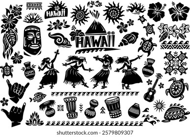 Traditional Hawaiian Symbols vector elements Set, black and white