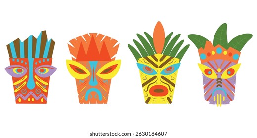 Traditional Hawaiian tiki masks cartoon set. Cartoon vector illustration set of wooden tribal culture statue head.