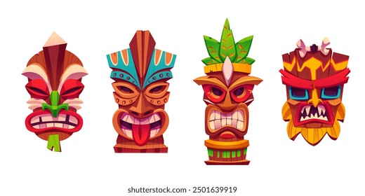 Colección tradicional hawaiana de máscara tiki tótem. Conjunto de Ilustración vectorial de dibujos animados de la cabeza de la estatua de la cultura tribal de madera con decoraciones de hojas tropicales. Enfrenta emociones con ojos, dientes y lengua.