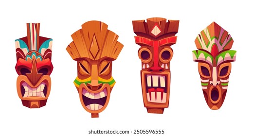 Colección tradicional hawaiana de máscara tiki tótem. Conjunto de Ilustración vectorial de dibujos animados de la cabeza de la estatua de la cultura tribal de madera con decoraciones de hojas tropicales. Enfrenta emociones con ojos, dientes y lengua.