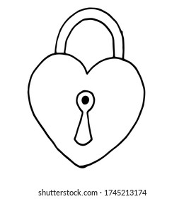 Traditional heart shaped padlock for love lock unity ceremony, sketch style illustration isolated on white background. Realistic hand drawing of shiny ock, padlock for wedding ceremony. Hand drawn