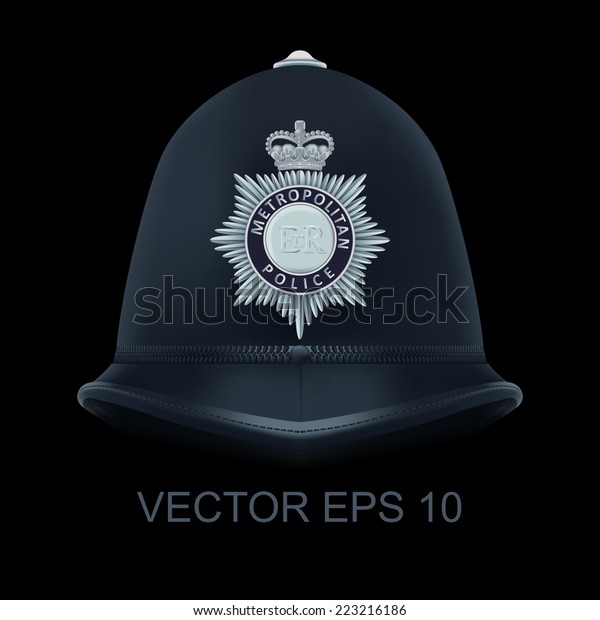 Traditional helmet of metropolitan British police\
officers - Bac