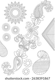 Traditional Henna and Mehndi Design Elements, A collection of traditional Henna and Mehndi design elements in black and white outline style. Features intricate floral patterns, paisley motifs, sun
