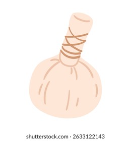 Traditional herbal compress ball wrapped in natural fabric with twine. Hand drawn vector illustration.
