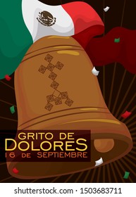 Traditional Hidalgo's bell with Mexico waving flag in top of it, under a confetti shower commemorating "Cry of Dolores" and Mexican Independence Day (text written in Spanish) this 16th September.