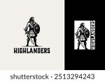 Traditional Highlander Warrior with Long Hair, Sword, and Wooden Shield. Ancient Scottish Hero illustration Classic Vintage logo design