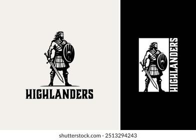 Guerreiro Highlander tradicional com cabelo longo, espada e escudo de madeira. Antigo Escocês Herói ilustração Classic Vintage logotipo design