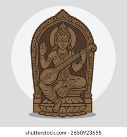 Escultura tradicional da deusa hindu tocando veia, simbolizando conhecimento, música e energia feminina divina