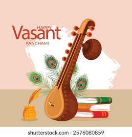 Traditional Hindu Religion Festival Vasant Panchami Greeting with decorative patterns and Veena musical instrument. It is a festival of Wisdom and its Goddess Saraswati. 