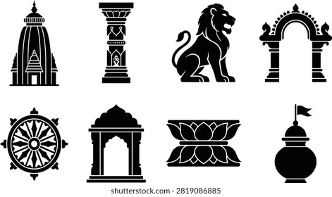 Traditional Hindu Temple Architecture Silhouette Icon Set Featuring Sacred Wheel Lotus Pillar Lion Gateway and Temple Elements