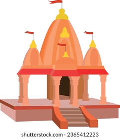 Traditional Hindu Temple with red flag isolated. Indian style Hindu temple.