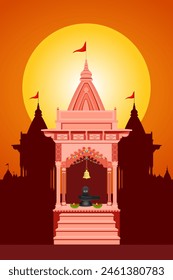 Traditional Hindu Temple with red flag isolated. North Indian style Hindu temple.