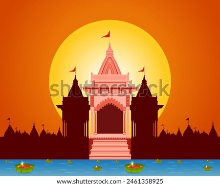 Traditional Hindu Temple with red flag isolated. North Indian style Hindu temple.