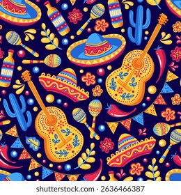 Traditional Hispanic Heritage Festival Vector Seamless Pattern in Alebrije Style. Hand Drawn Guitar, Maracas, Sombrero National Symbols. Colorful Modern Festival Party Wallpaper, Fabric Textile Design