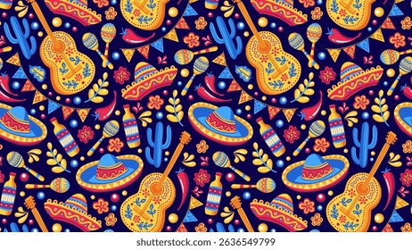 Traditional Hispanic Heritage Festival Vector Seamless Pattern in Alebrije Style. Hand Drawn Guitar, Maracas, Sombrero National Symbols. Colorful Modern Festival Party Wallpaper, Fabric Textile Design