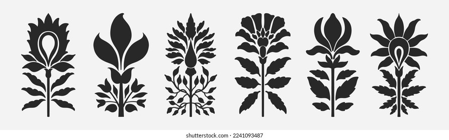 Traditional historical ethnic Indian ornament. Floral natural stylized motif. Arabesque and intricate decorative silhouettes. Vector illustration.