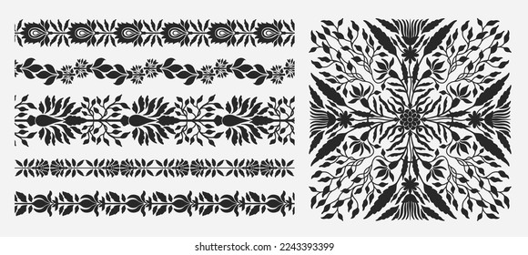 Traditional historical ethnic Indian ornament. Floral natural stylized motif. Arabesque and intricate decorative silhouettes. Vector illustration.