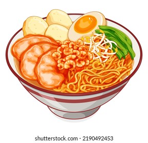 Traditional hokkien mee noodles singapore illustration vector. Asian prawn noodle soup. Penang hokkien mee recipe. Famous food in singapore. Shrimp hokkien noodles in malaysia.