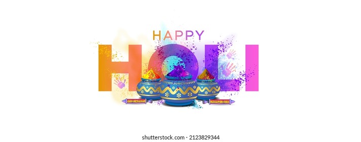 Traditional Holi festival celebration banner poster template background design with colors of pots and Happy Holi Text