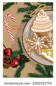 Traditional holiday cards with a Christmas tree, cookies, fabric, pine cones, cherries. Christmas card. Merry Christmas greetings.