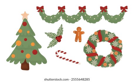 Traditional holiday Christmas wreath, garland with red bows, Christmas tree. Decor for New Year Christmas and holiday. Vector illustration