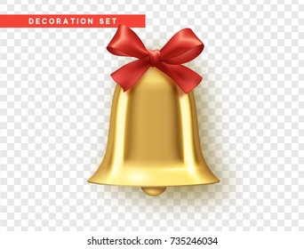 Traditional holiday decoration element, golden bell with red bow. Vector realistic isolated on background with transparency 