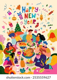 Traditional holiday New Year dinner in the family circle. Happy New Year vector illustration. Happy people in a friendly company celebrate the New Year.  Holiday New Year party. 