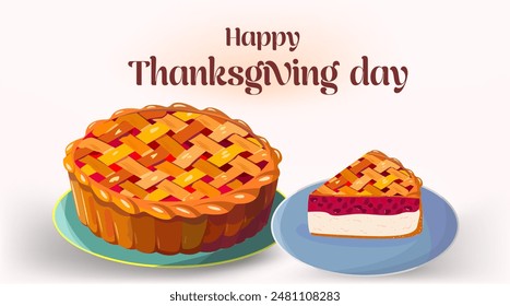 Traditional holiday pie, Greeting card or horizontal banner template with Happy Thanksgiving message handwritten with elegant calligraphic script. Vector illustration.