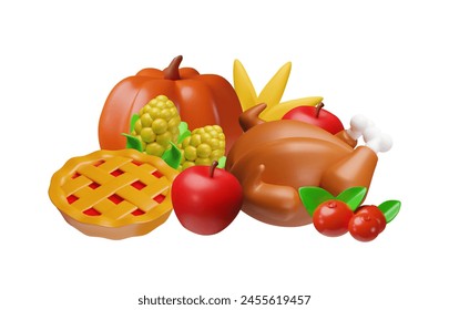 Fiesta tradicional de Acción de Gracias. La Ilustración vectorial 3D cuenta con pavo asado, calabaza, pastel de manzana y maíz. Pegatina en estilo de dibujos animados para diseño de vacaciones en fondo aislado.