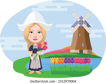 Traditional Holland Girl on Holland Nature Background