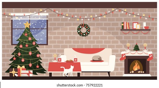Traditional home interior at Christmas with decorated tree, gifts and sweets on the table