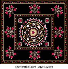 Traditional home interior element in Uzbekistan - suzani carpet, embroidery textile product, nowadays used for decoring home interior in a modern style and fashion industry.