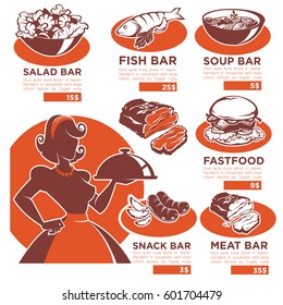 traditional home made food, vector menu template for your cafe and restaurant with retro housewife silhouette and dishes