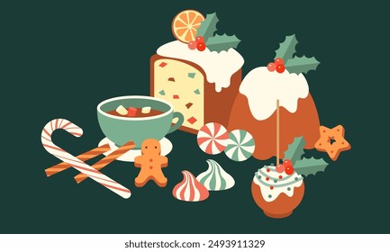 Traditional homemade christmas cake holiday dessert. New year. Christmas Bundt Cake. Christmas food vector desserts holiday decoration xmas family diner sweet celebration meal illustration