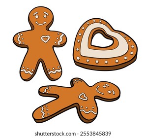 Traditional homemade Christmas heart gingerbread cookie decorated with white icing. Gingerbread Man. Hand drawn vector Illustration isolated on white background.