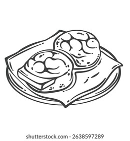 Traditional Hong Kong pineapple buns served on a plate, one with a slice of butter inside. Engraved black and white line style. Outline vector illustration for bakery menu, packaging, or cafe design.