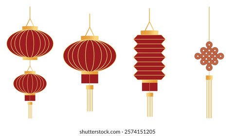 Traditional horizontal red vintage Chinese lanterns set. Vector asian japanese paper lamps with tassel for New year celebration, oriental festival.