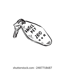 Traditional hotel keys drawn in black and vectorised. Line drawing and hand drawn.