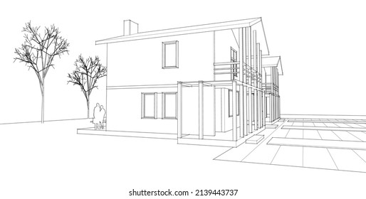 traditional house architectural sketch 3d rendering