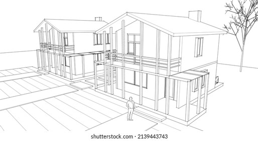 traditional house architectural sketch 3d rendering